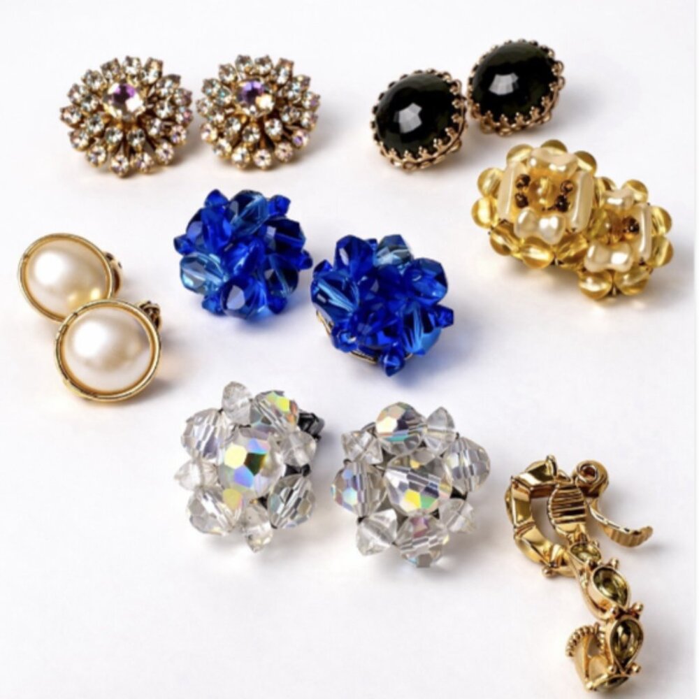 Vintage Clip On Earrings Lot (7 Pairs) Midcentury Pearl Crystal Gold Glam